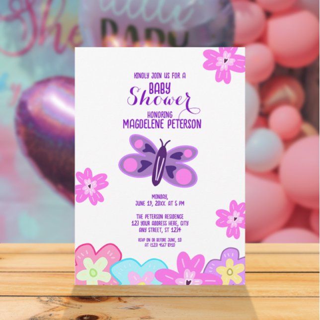 Invitación Baby Shower de flores de dibujo a mano y mariposa (Subido por el creador)