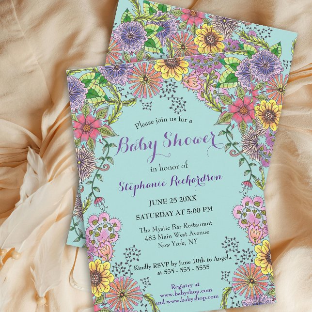 Invitación Baby Shower de flores de doodle de primavera compl (Subido por el creador)