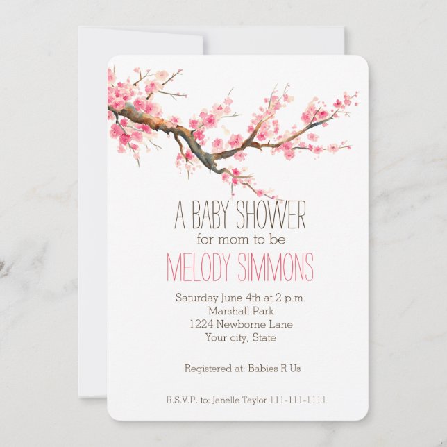 Invitación Baby Shower de flores de flores de cerezo (Reverso)