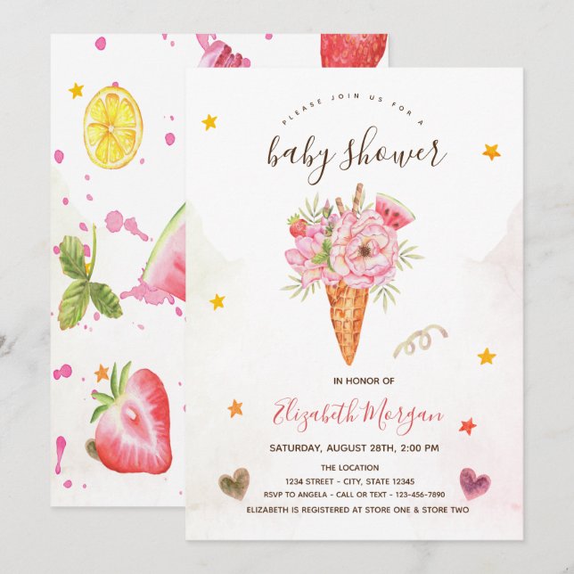 Invitación Baby Shower de flores de helado (Anverso / Reverso)