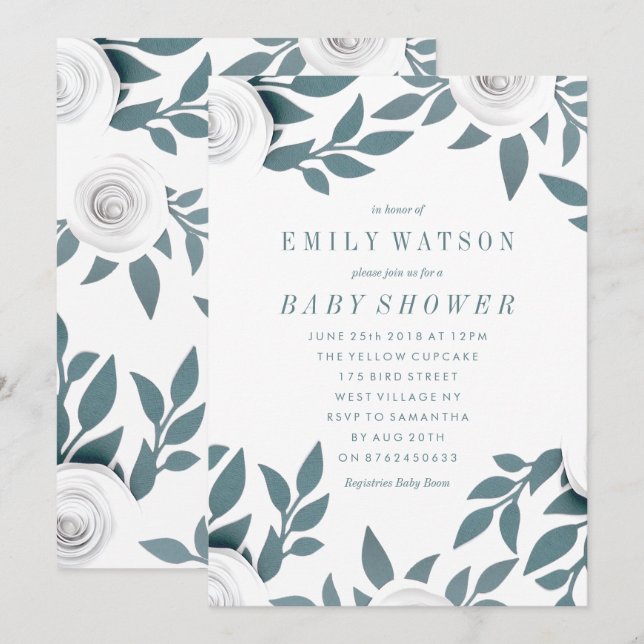 Invitación Baby Shower de Flores de papel blanco (Anverso / Reverso)