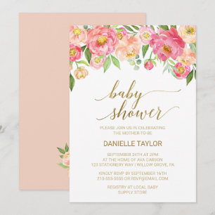 Invitación Baby Shower de flores de peones rosados y melocoto