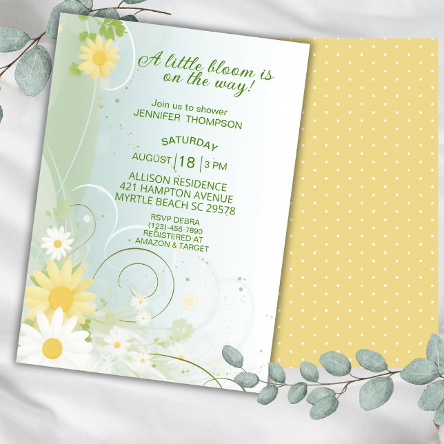 Invitación Baby Shower de flores de primavera amarilla y blan (Subido por el creador)