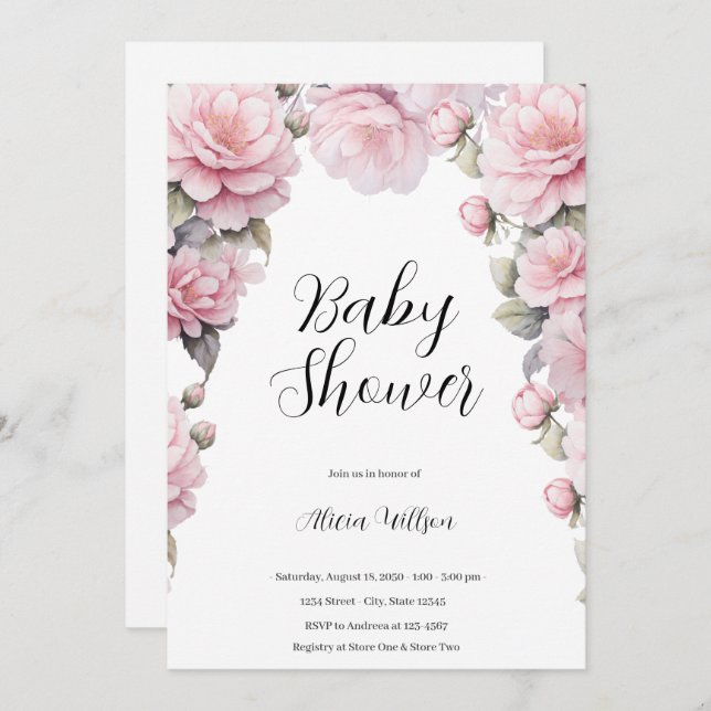 Invitación Baby Shower de flores elegantes (Anverso / Reverso)