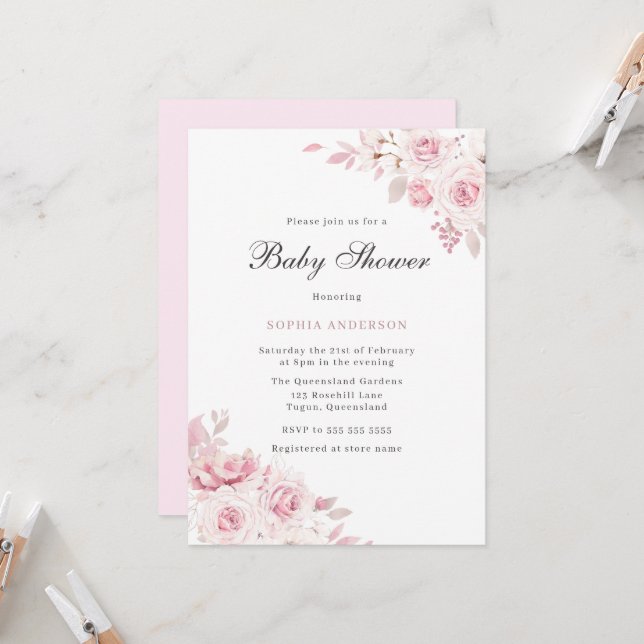 Invitación Baby Shower de flores elegantes de Rubor (Anverso/Reverso In Situ)