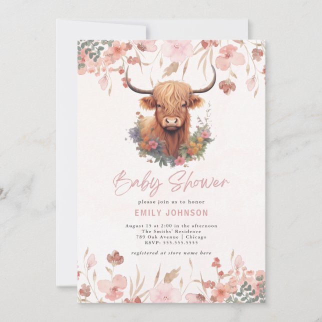 Invitación Baby Shower de Flores Highland Cow (Anverso)