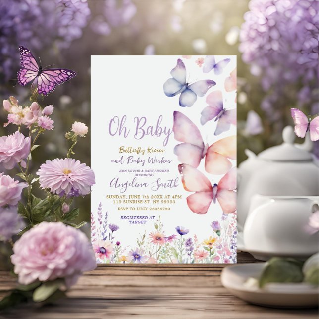Invitación Baby Shower de flores moradas de mariposa de niña  (Subido por el creador)