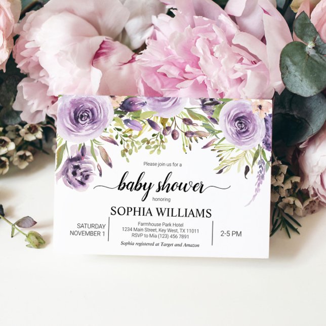 Invitación Baby Shower de flores moradas y verdes (Subido por el creador)