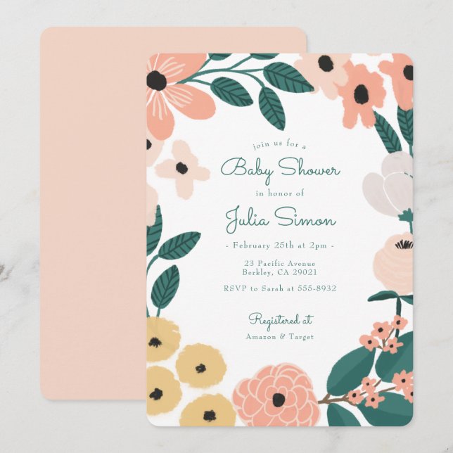 Invitación Baby Shower de flores pintadas de amarillo rosa (Anverso / Reverso)