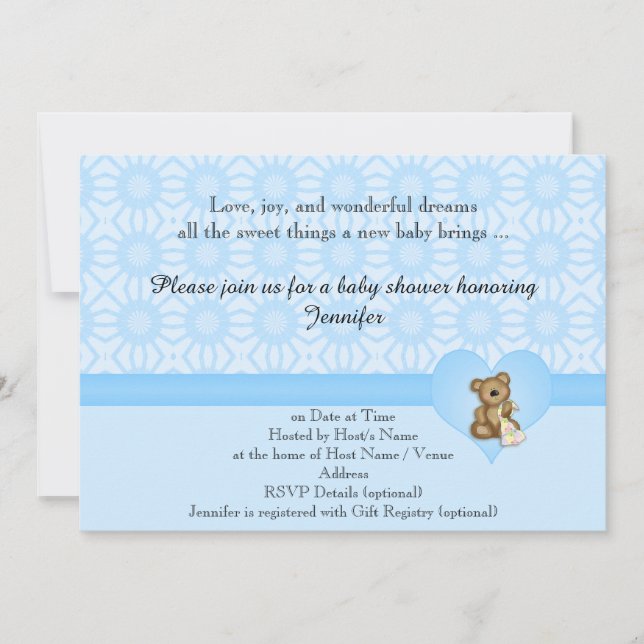 Invitación Baby Shower de Flores Retro de Oso Azul (Anverso)