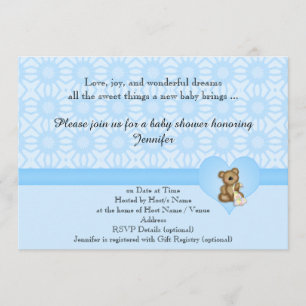 Invitación Baby Shower de Flores Retro de Oso Azul