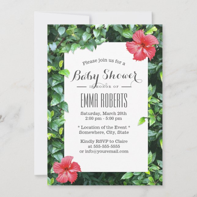 Invitación Baby Shower de flores rojas tropicales hibiscus (Anverso)