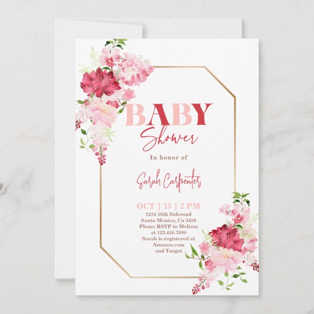 Invitación Baby Shower de flores rojas y rosas (Anverso)