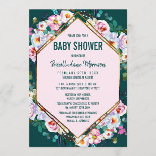 Invitación Baby Shower de Flores Rosa Trim de Oro Emerald Jad