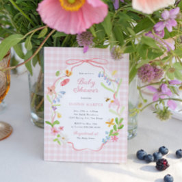 Invitación Baby Shower de Flores Rosadas de Cuadros de Primav