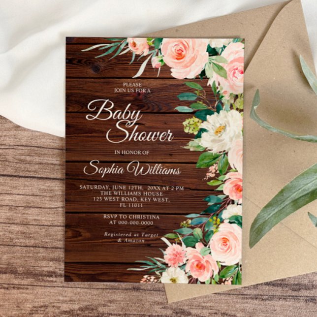 Invitación Baby Shower de Flores Rosadas de Rubor Rustic Wood (Subido por el creador)