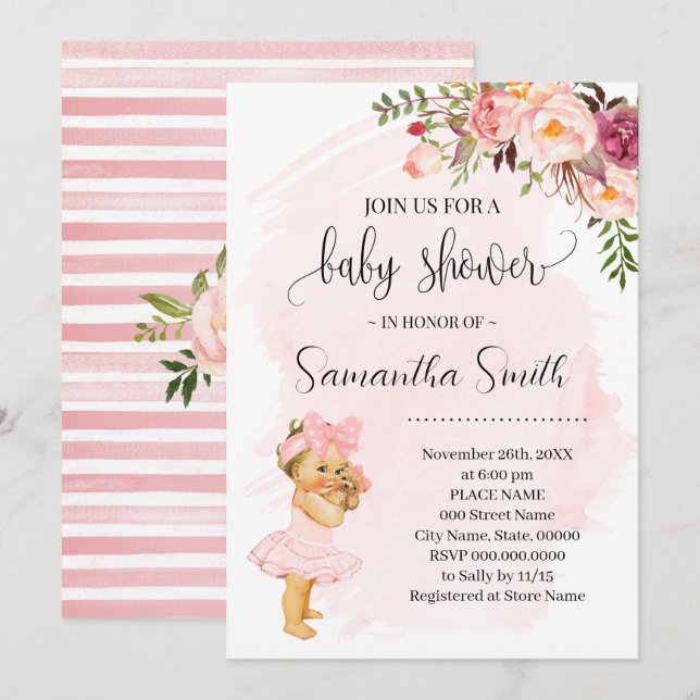 Invitación Baby Shower de flores rosadas para una niña pequeñ (Anverso / Reverso)