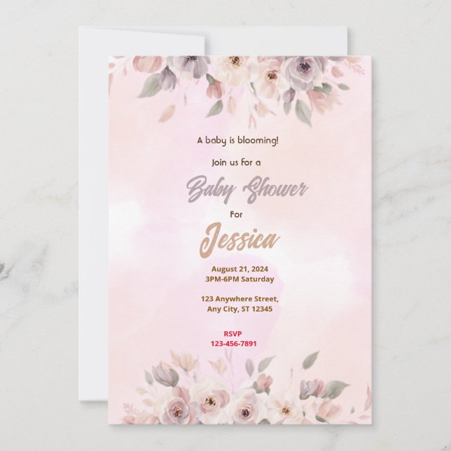 Invitación Baby Shower de flores rosas (Anverso)