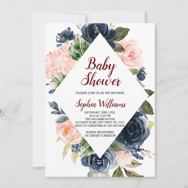 Invitación Baby Shower de flores rosas azul marino y Rubor (Anverso)