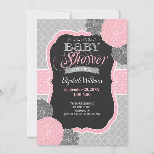 Invitación Baby Shower de flores rosas y grises (Anverso)
