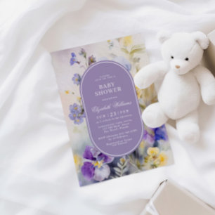 Invitación Baby Shower de flores rusticas moradas y amarillas