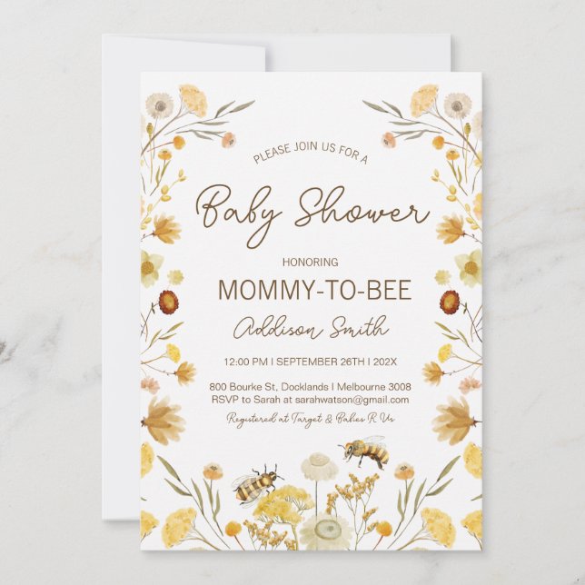 Invitación Baby Shower de Flores salvajes de abeja neutra de  (Anverso)
