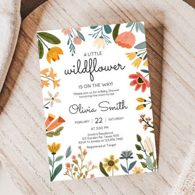 Invitación Baby Shower de flores silvestres brillantes botáni (Botanical Wildflower Baby Shower Invitation)