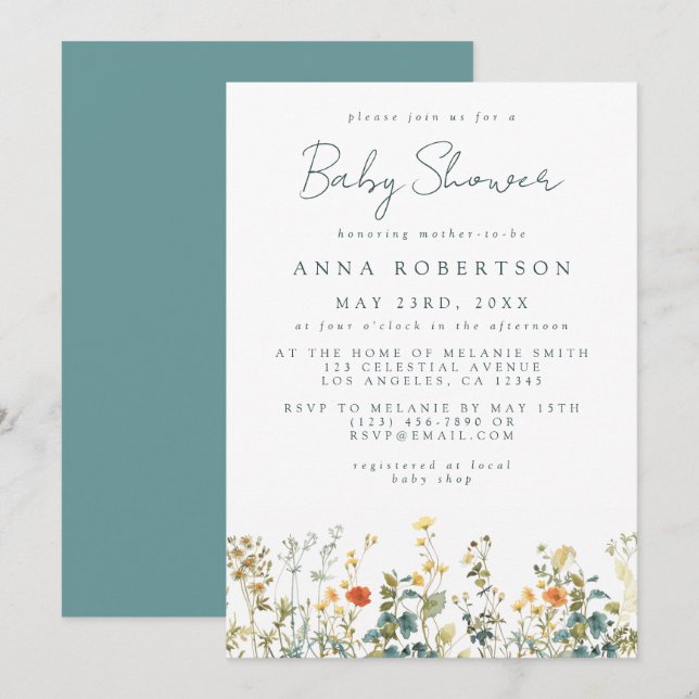 Invitación Baby Shower de flores silvestres elegantes (Anverso / Reverso)