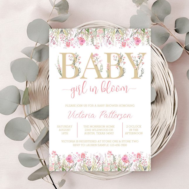 Invitación Baby Shower de Flores Silvestres en Acuarela Rosa  (Wildflower baby shower invitation with pink watercolor wildflowers and pretty floral text.)