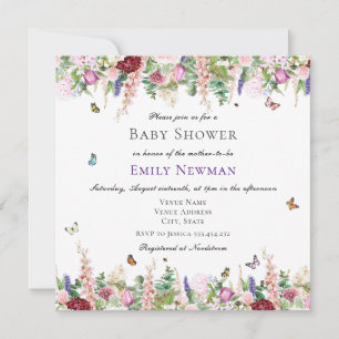 Invitación Baby Shower de flores silvestres y mariposas acuát