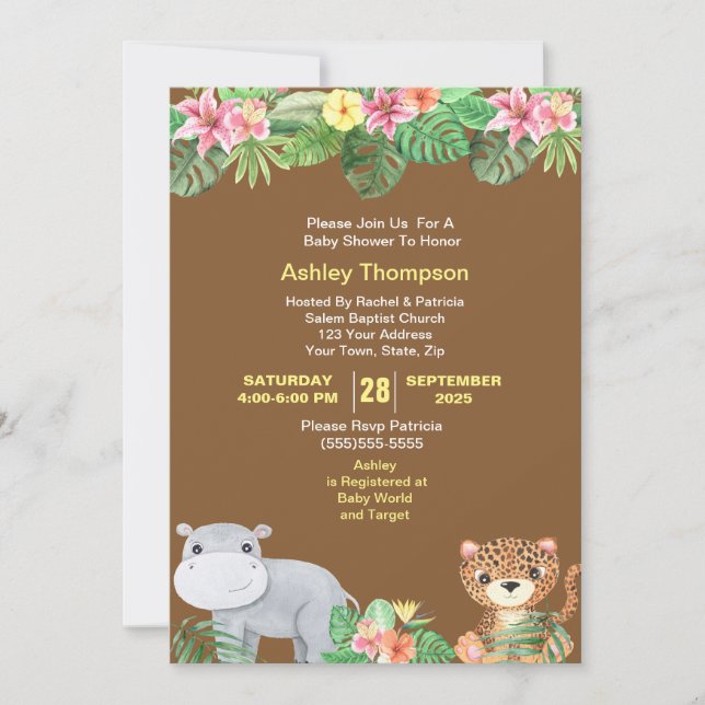 Invitación Baby Shower de flores tropicales de animales de la (Anverso)
