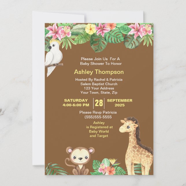 Invitación Baby Shower de flores tropicales de animales de la (Anverso)