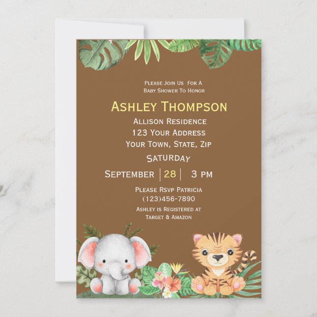 Invitación Baby Shower de flores tropicales de animales de la (Anverso)