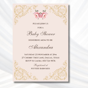 Invitación Baby Shower de Flores Vintage Pink Peony Rococo