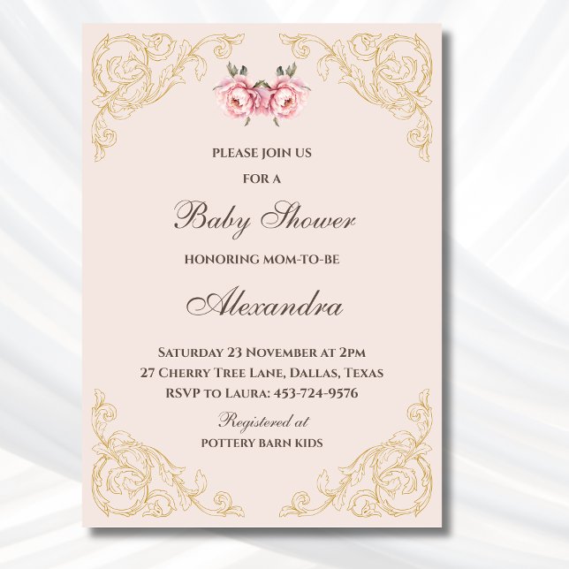 Invitación Baby Shower de Flores Vintage Pink Peony Rococo (Subido por el creador)