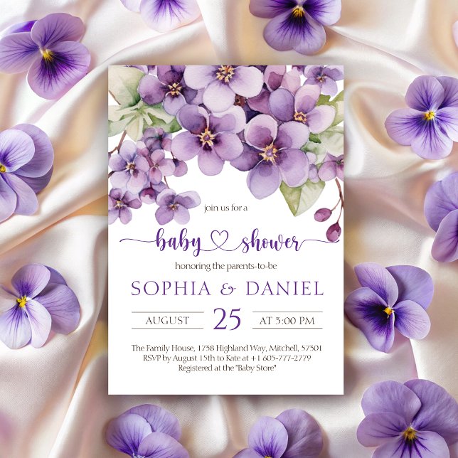Invitación Baby Shower de flores violetas púrpuras de verano (Summer Purple Violet Flowers Baby Shower Invitation)