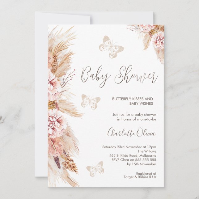 Invitación Baby Shower De Flores Y Mariposas De Boho Rosa (Anverso)