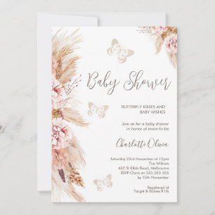 Invitación Baby Shower De Flores Y Mariposas De Boho Rosa