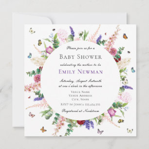 Invitación Baby Shower de flores y mariposas rosas