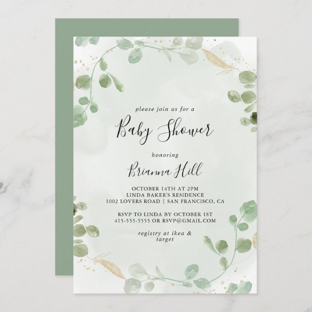 Invitación Baby Shower de Foliage Gold Confetti Eucalyptus (Anverso / Reverso)