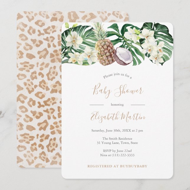Invitación Baby Shower de follaje tropical de impresión jagua (Anverso / Reverso)