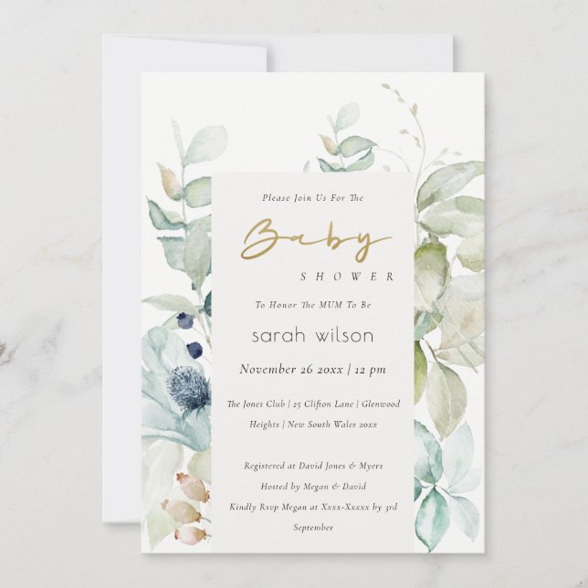 Invitación Baby Shower de follaje verde azul paste (Anverso)