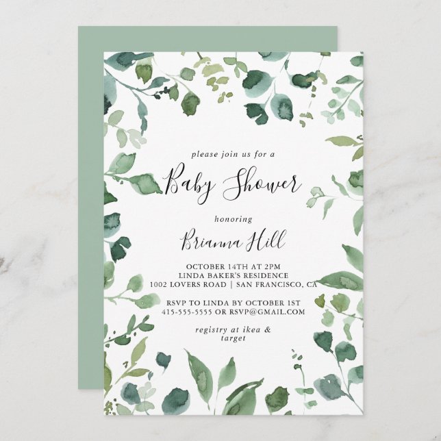 Invitación Baby Shower de follaje verde con guión de caligraf (Anverso / Reverso)
