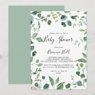 Invitación Baby Shower de follaje verde con guión de caligraf