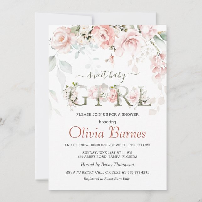 Invitación Baby Shower de follaje verde de rosas rosadas (Anverso)