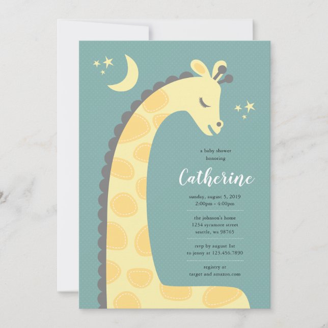 Invitación Baby Shower de fondo azul de jirafa (Anverso)