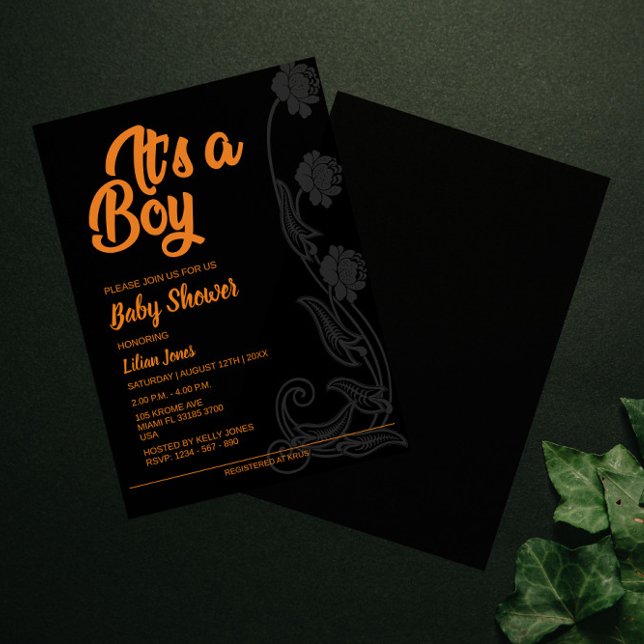Invitación Baby Shower de fondo negro de flores (Subido por el creador)