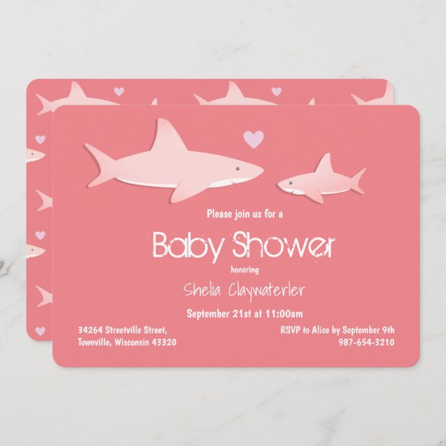 Invitación Baby Shower de fondo rosado sólido de tiburones cu (Anverso / Reverso)