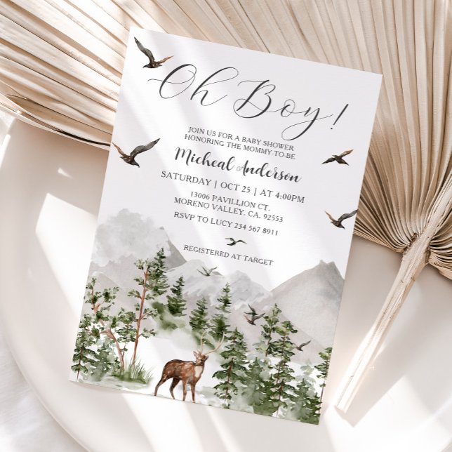 Invitación Baby Shower de Forest Mountain Pine Tree Deer Boy (Subido por el creador)