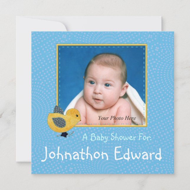 Invitación Baby Shower de foto azul para bebé amarillo (Anverso)